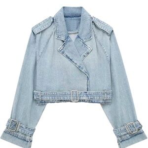 Small Cropped Denim Jacket Moto Biker Style Light Wash Buckle Detail